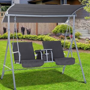 Outsunny Steel Frame 2-Seater Swing Chair With Table