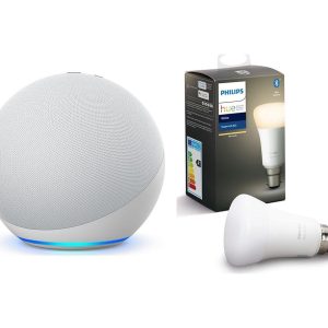 Philips Echo (4th Gen) & B22 Hue White Bluetooth LED Bulb Bundle - Glacier White